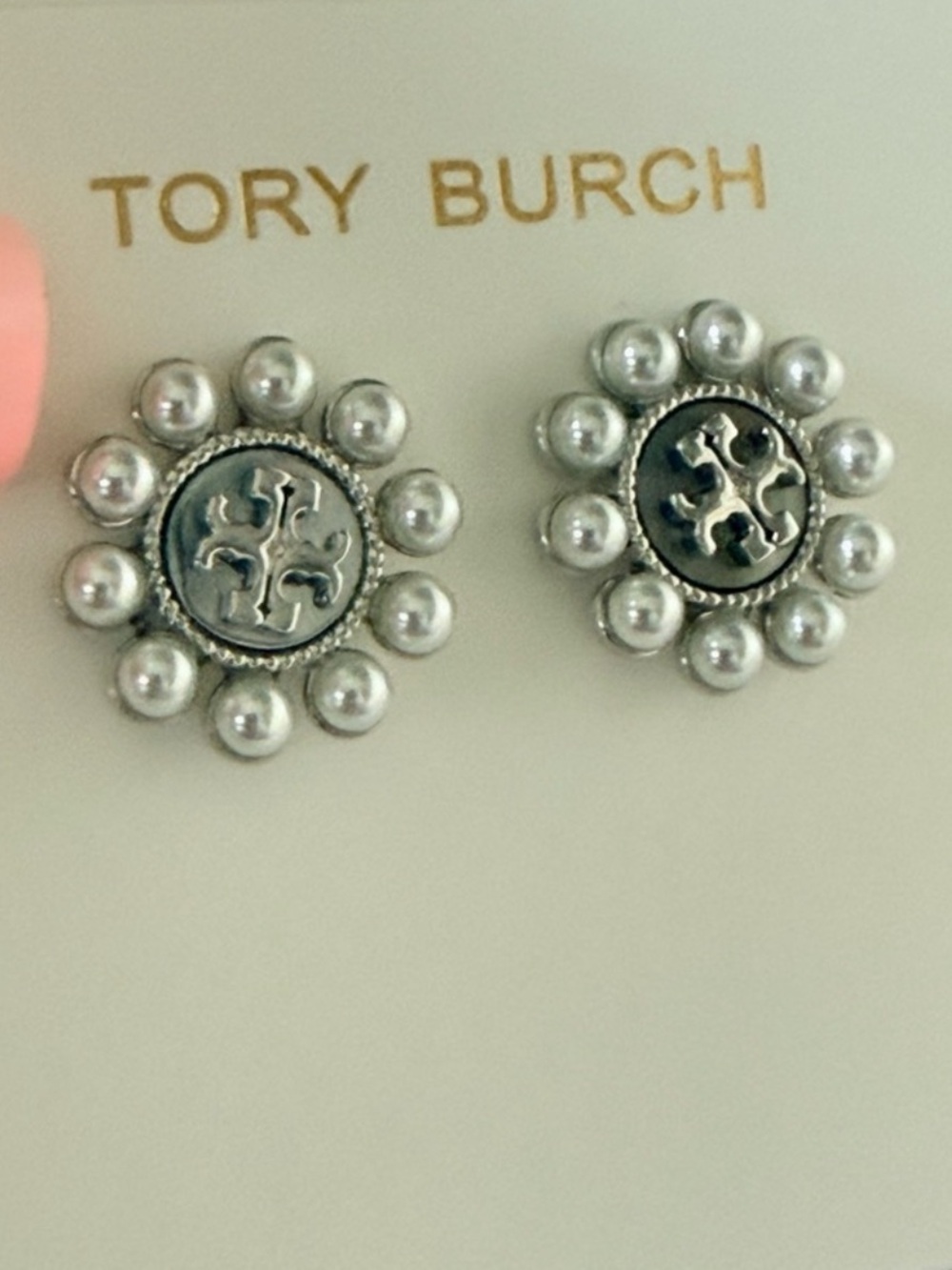 Tory Burch Silver-Tone Pearl Trim Logo Earrings